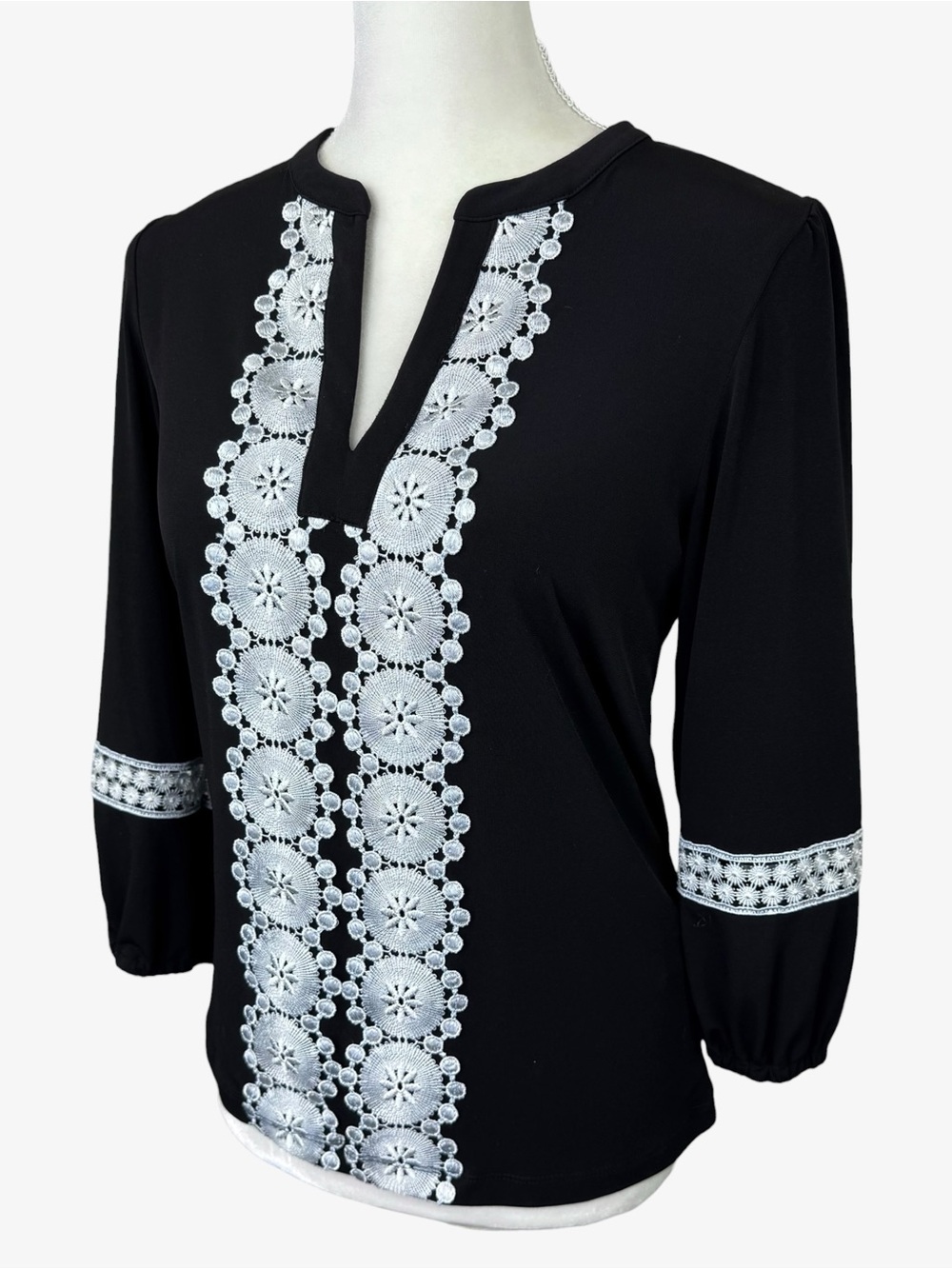 Karl Lagerfeld Paris Black Tunic with White Crochet Lace Panels XS Split Neck